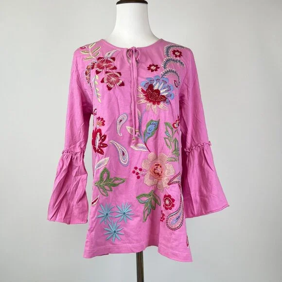 NWOT JOHNNY WAS Freyde Cotton Embroidered Floral Tee 3/4 Sleeves Shirt Size S - Picture 2 of 14